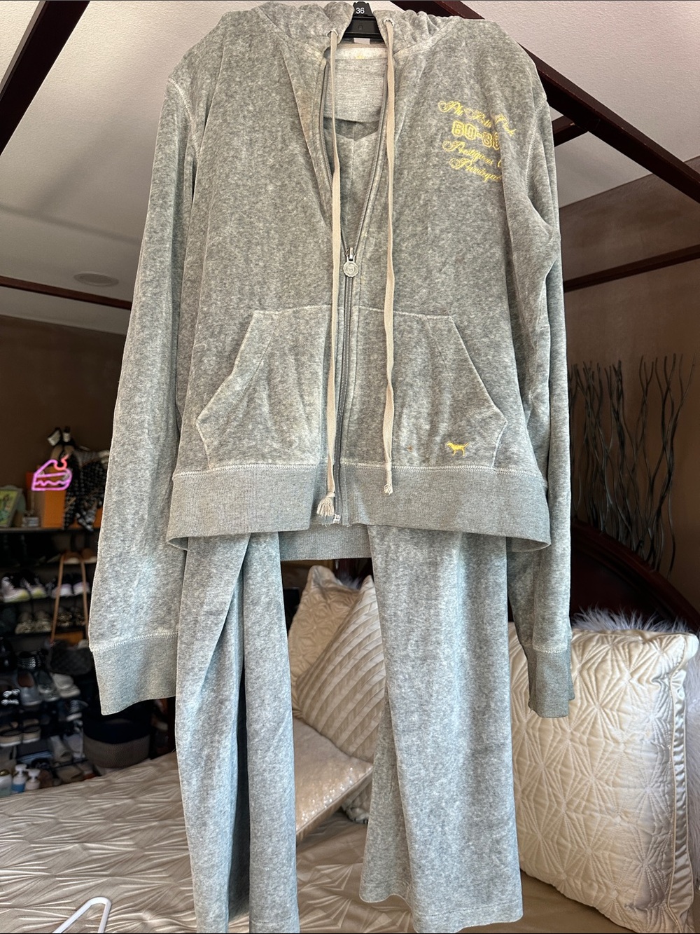 PINK Victoria's Secret Gray Zip-Up Hoodie and yoga pants with Yellow Script